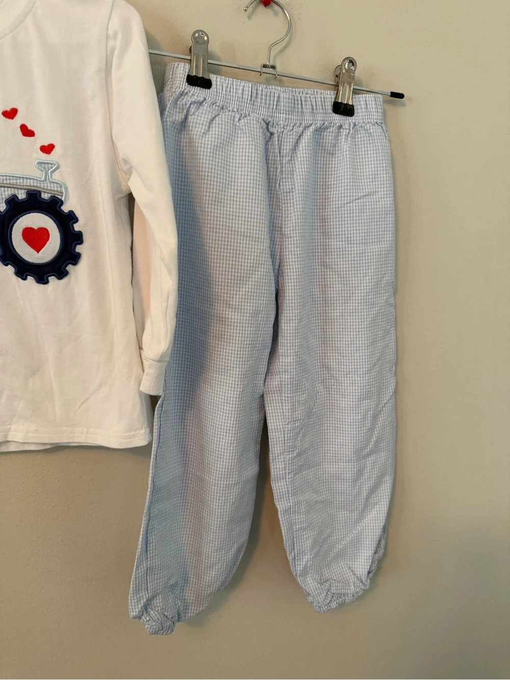Cecil and Lou White Tractor Shirt with Blue Gingham Pants